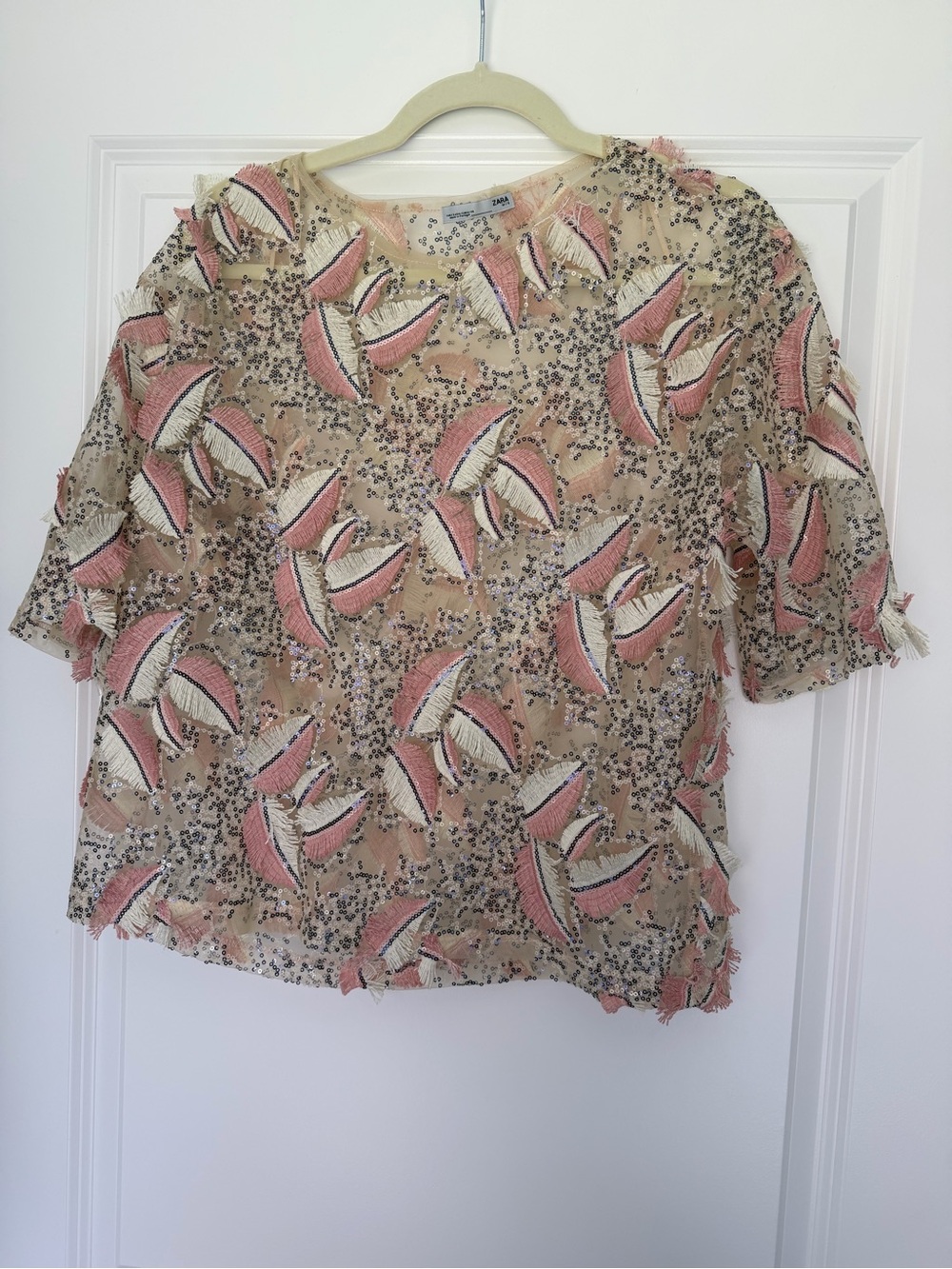 Zara Beige Top with Pink & Cream Floral Appliqué